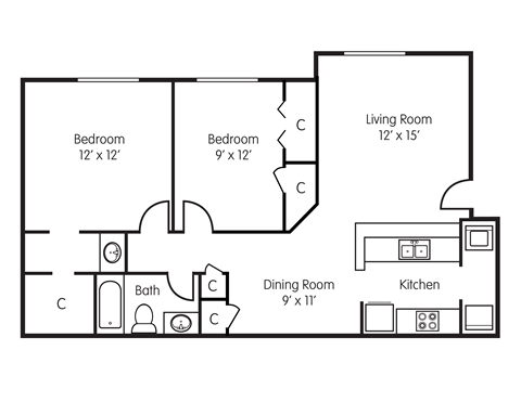 Floor plan for 2 beds, 1 bath, 858 sqft
